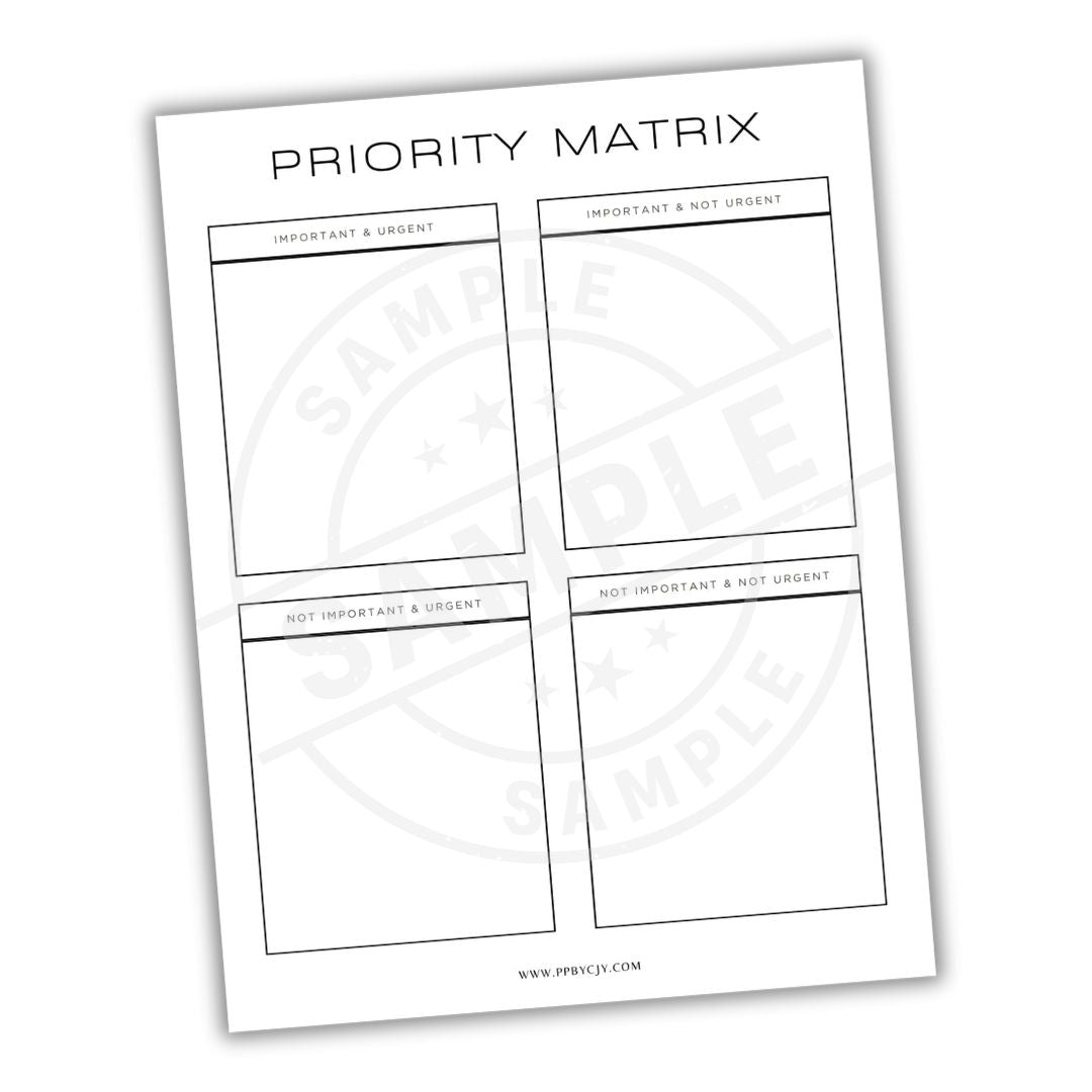 Priority matrix sheet with four quadrants on a white background