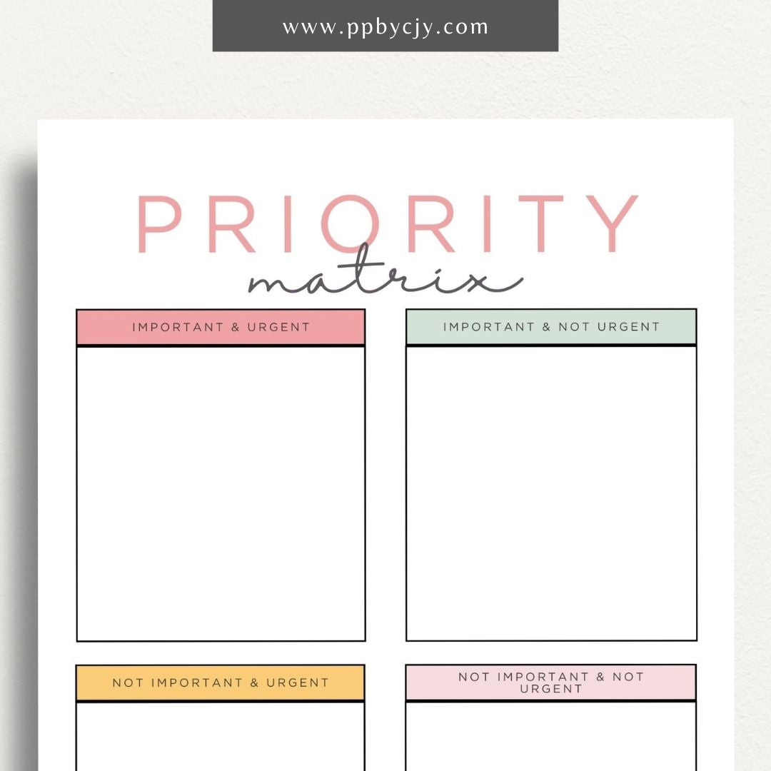 Priority Matrix Printable Template – Digital Download for Organizing and Prioritizing Tasks with a grid layout for categorizing by urgency and importance.