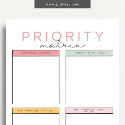 Priority Matrix Printable Template – Digital Download for Organizing and Prioritizing Tasks with a grid layout for categorizing by urgency and importance.