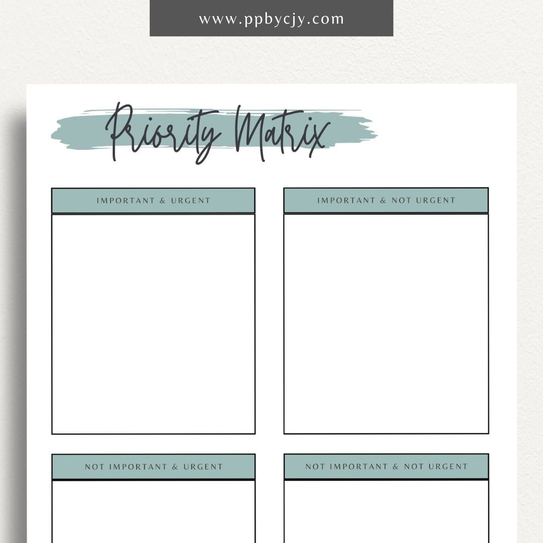 Priority Matrix Printable Template – Digital Download for Organizing and Prioritizing Tasks with a grid layout for categorizing by urgency and importance.