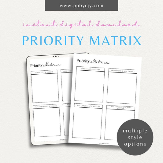 Priority Matrix Printable Template – Digital Download for Organizing and Prioritizing Tasks with a grid layout for categorizing by urgency and importance.