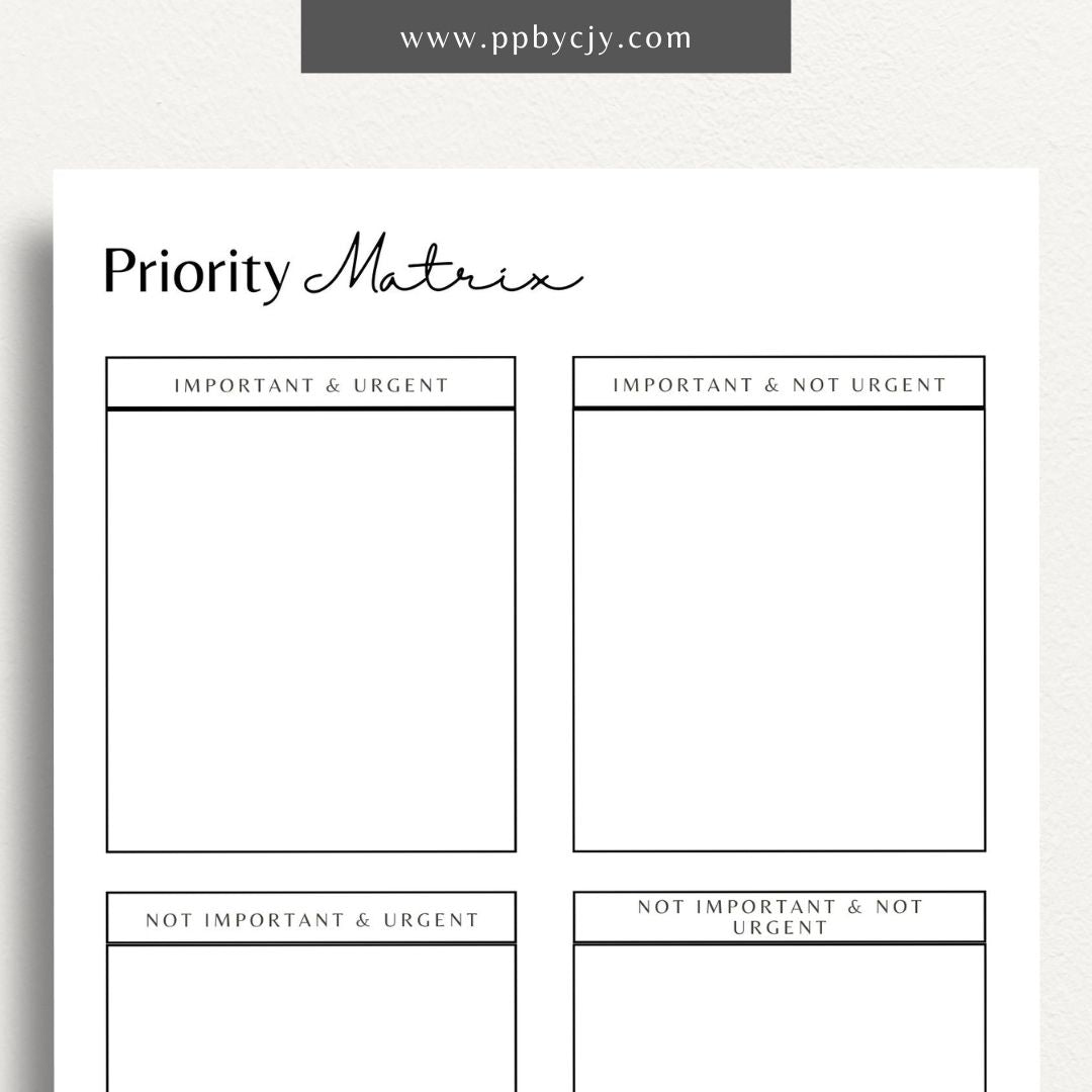 Priority Matrix Printable Template – Digital Download for Organizing and Prioritizing Tasks with a grid layout for categorizing by urgency and importance.