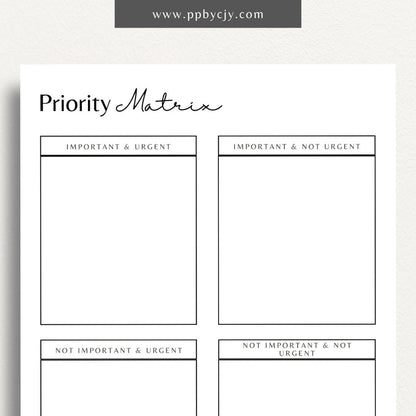 Priority Matrix Printable Template – Digital Download for Organizing and Prioritizing Tasks with a grid layout for categorizing by urgency and importance.