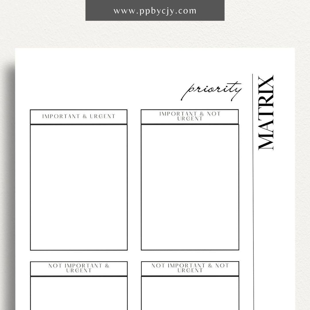 Priority Matrix Printable Template – Digital Download for Organizing and Prioritizing Tasks with a grid layout for categorizing by urgency and importance.