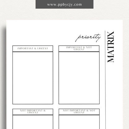 Priority Matrix Printable Template – Digital Download for Organizing and Prioritizing Tasks with a grid layout for categorizing by urgency and importance.