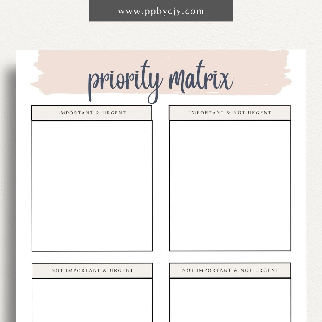 Priority Matrix Printable Template – Digital Download for Organizing and Prioritizing Tasks with a grid layout for categorizing by urgency and importance.