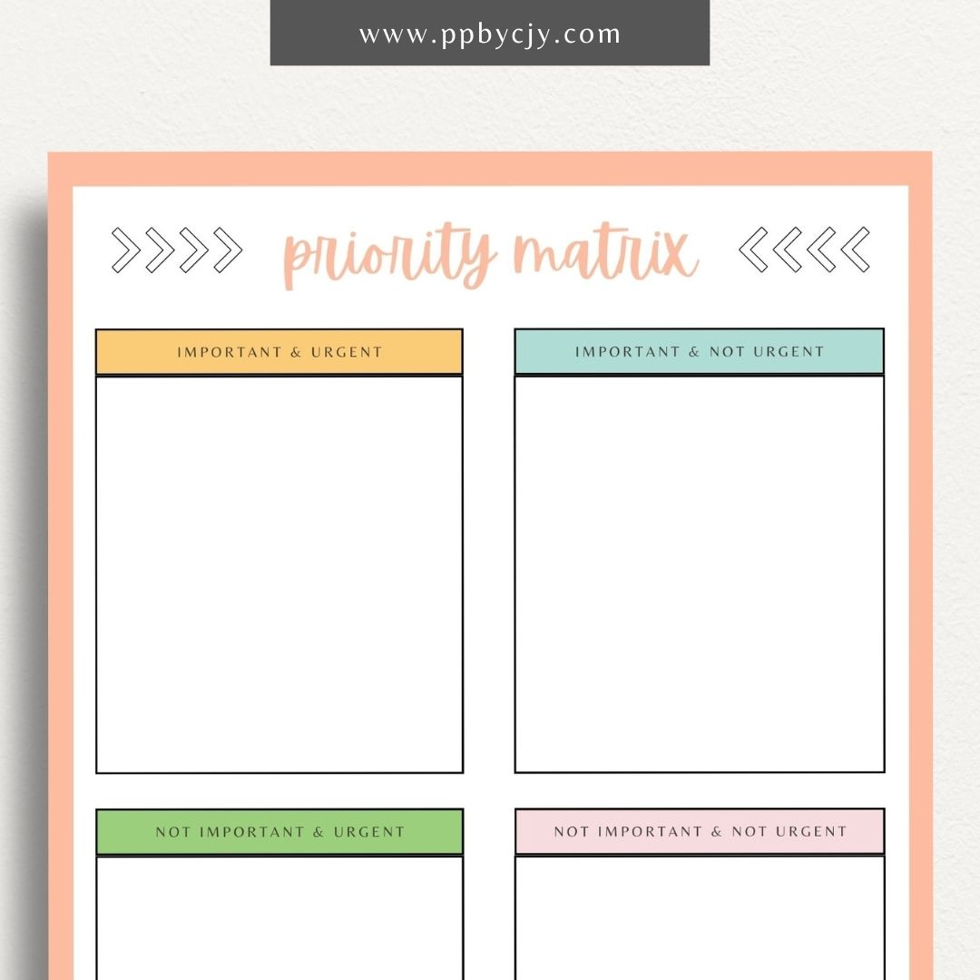 Priority Matrix Printable Template – Digital Download for Organizing and Prioritizing Tasks with a grid layout for categorizing by urgency and importance.