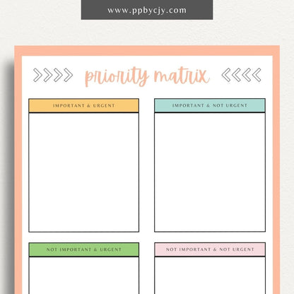 Priority Matrix Printable Template – Digital Download for Organizing and Prioritizing Tasks with a grid layout for categorizing by urgency and importance.