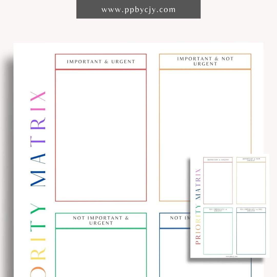 Priority Matrix Printable Template – Digital Download for Organizing and Prioritizing Tasks with a grid layout for categorizing by urgency and importance.