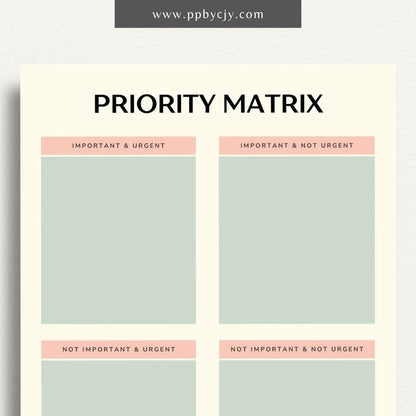 Priority Matrix Printable Template – Digital Download for Organizing and Prioritizing Tasks with a grid layout for categorizing by urgency and importance.