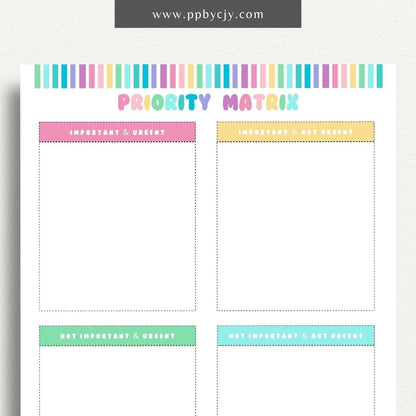 Priority Matrix Printable Template – Digital Download for Organizing and Prioritizing Tasks with a grid layout for categorizing by urgency and importance.