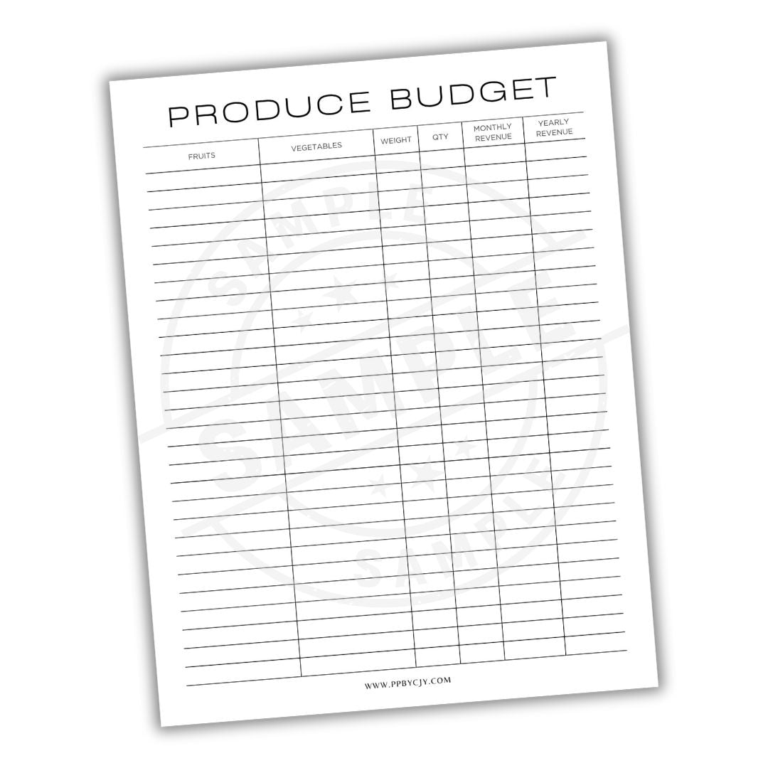 Produce budget sheet with columns for fruits, vegetables, weight, quantity, monthly revenue, and yearly revenue on a white background.