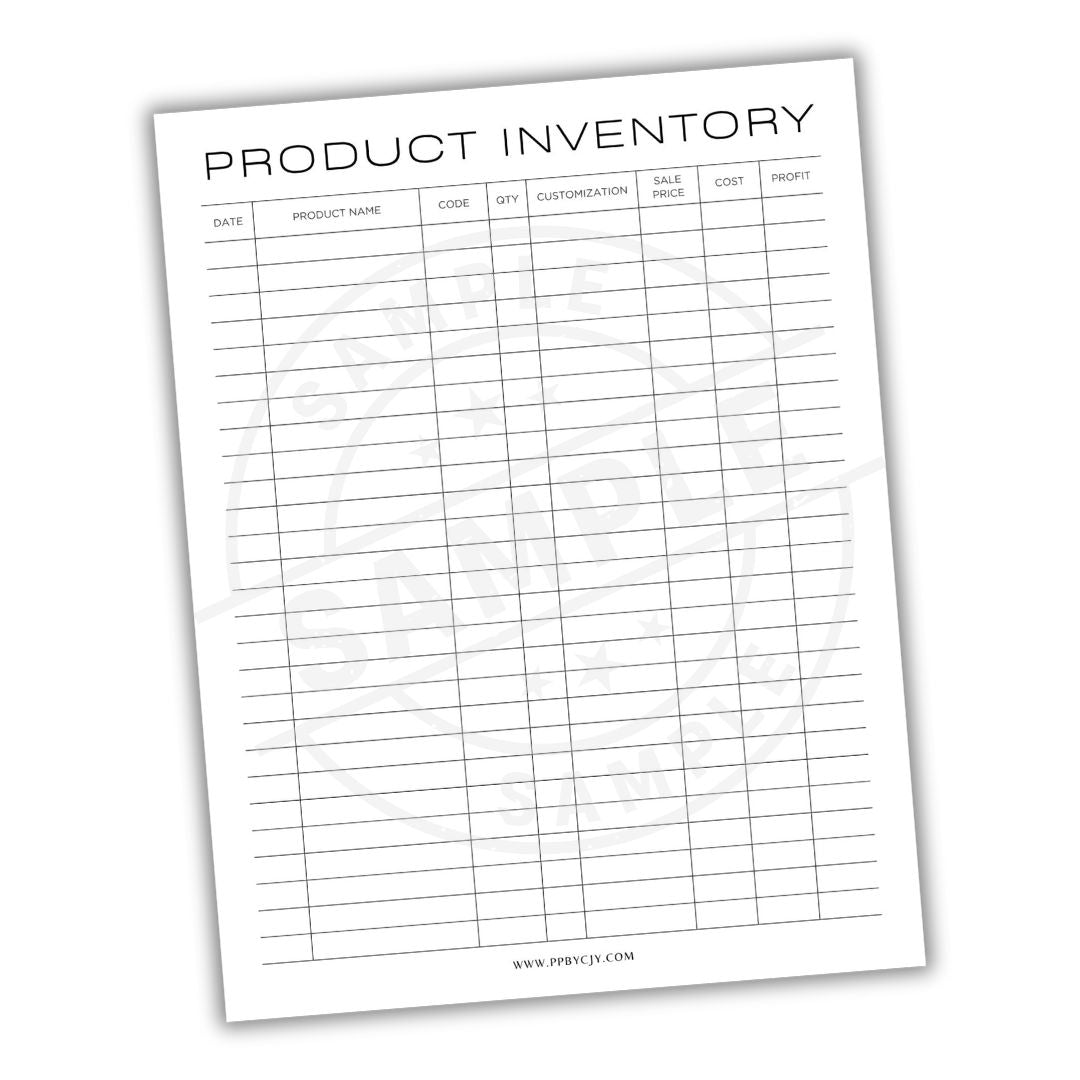 Product inventory sheet with columns for date, product name, code, quantity, customization, sale price, cost, and profits.