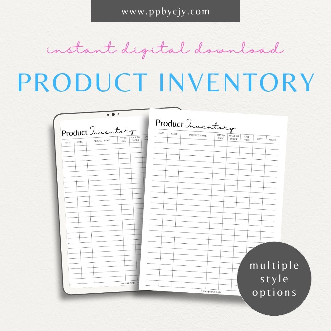 Product Inventory Printable Template – Digital download for tracking and managing product quantities, locations, and details