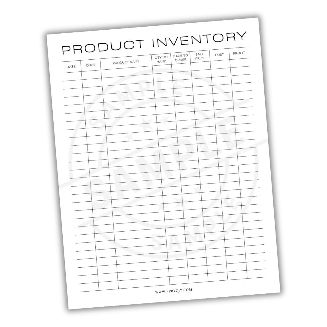 Product inventory sheet with columns for date, code, product name, etc.