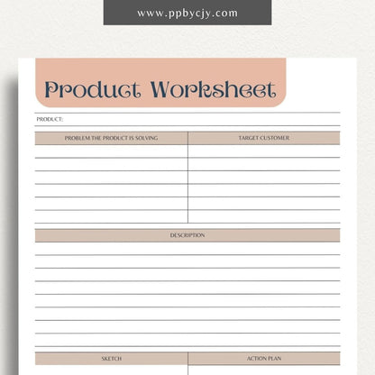 New Product Worksheet Printable Template – Digital download for planning and organizing details related to a new product launch, including concept, target market, and development stages.