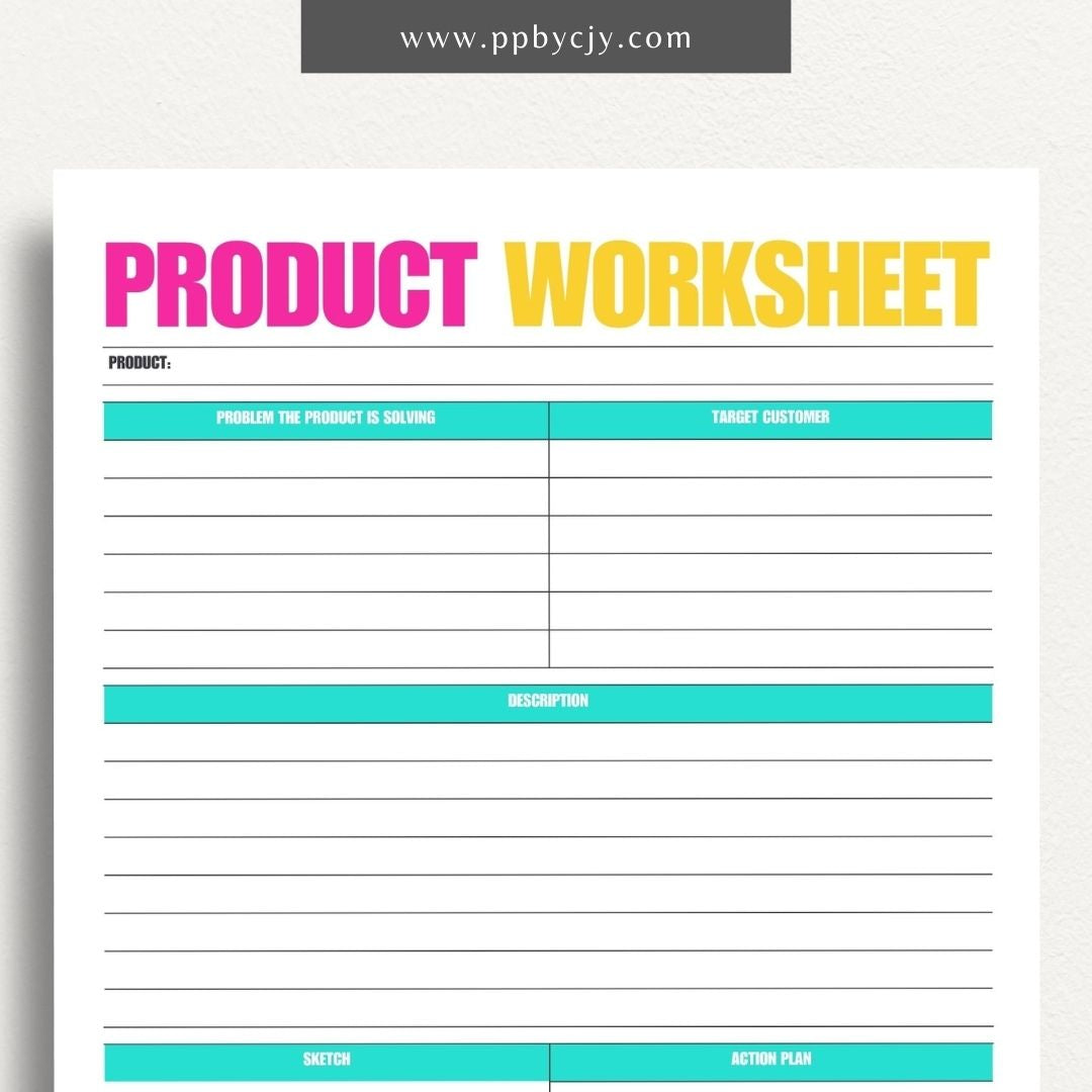 New Product Worksheet Printable Template – Digital download for planning and organizing details related to a new product launch, including concept, target market, and development stages.