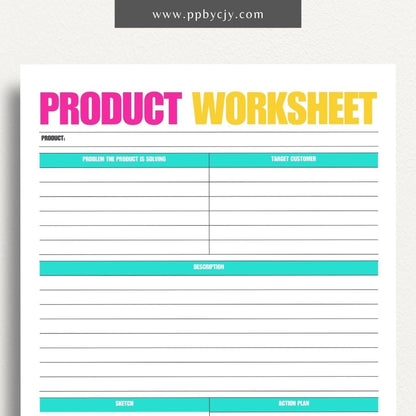 New Product Worksheet Printable Template – Digital download for planning and organizing details related to a new product launch, including concept, target market, and development stages.