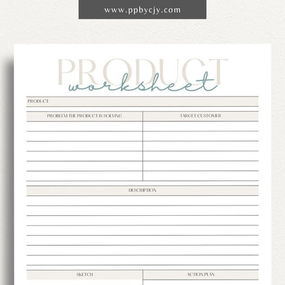 New Product Worksheet Printable Template – Digital download for planning and organizing details related to a new product launch, including concept, target market, and development stages.