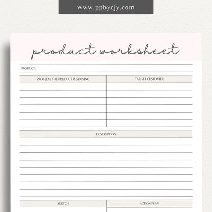 New Product Worksheet Printable Template – Digital download for planning and organizing details related to a new product launch, including concept, target market, and development stages.