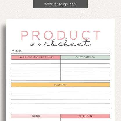 New Product Worksheet Printable Template – Digital download for planning and organizing details related to a new product launch, including concept, target market, and development stages.