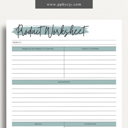 New Product Worksheet Printable Template – Digital download for planning and organizing details related to a new product launch, including concept, target market, and development stages.