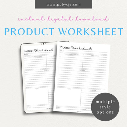 New Product Worksheet Printable Template – Digital download for planning and organizing details related to a new product launch, including concept, target market, and development stages.