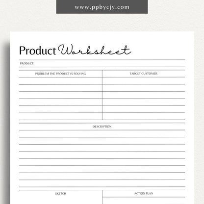 New Product Worksheet Printable Template – Digital download for planning and organizing details related to a new product launch, including concept, target market, and development stages.