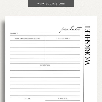 New Product Worksheet Printable Template – Digital download for planning and organizing details related to a new product launch, including concept, target market, and development stages.