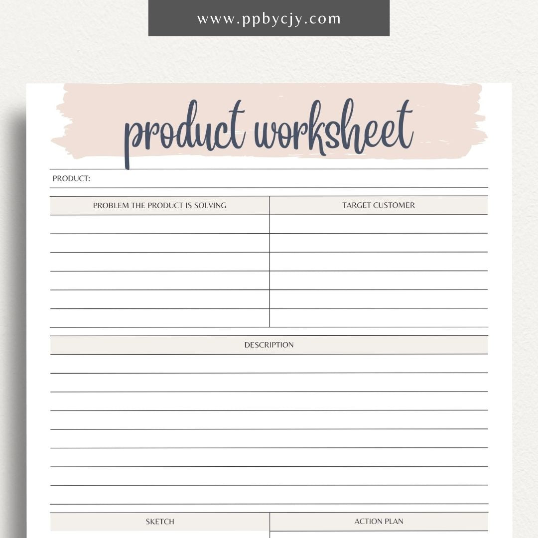 New Product Worksheet Printable Template – Digital download for planning and organizing details related to a new product launch, including concept, target market, and development stages.