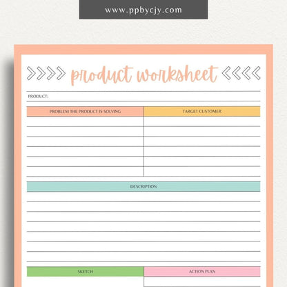 New Product Worksheet Printable Template – Digital download for planning and organizing details related to a new product launch, including concept, target market, and development stages.