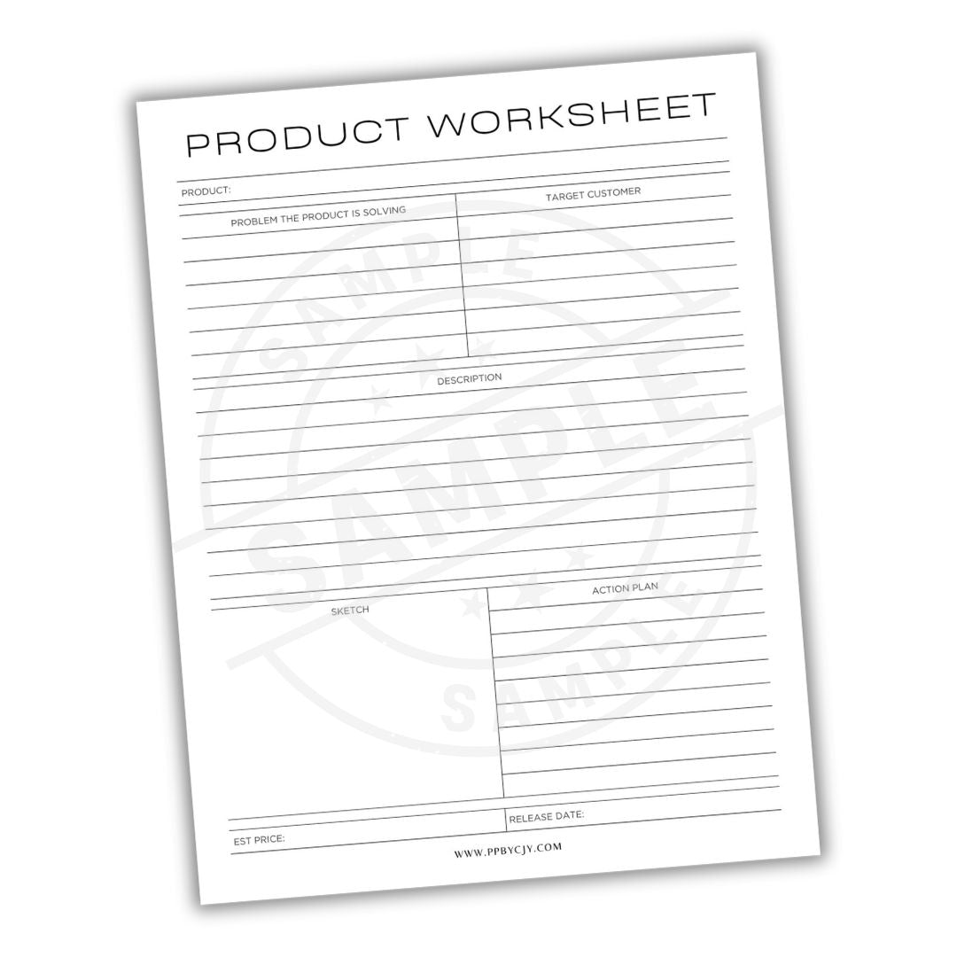 Product Worksheet with columns for product details on a white background
