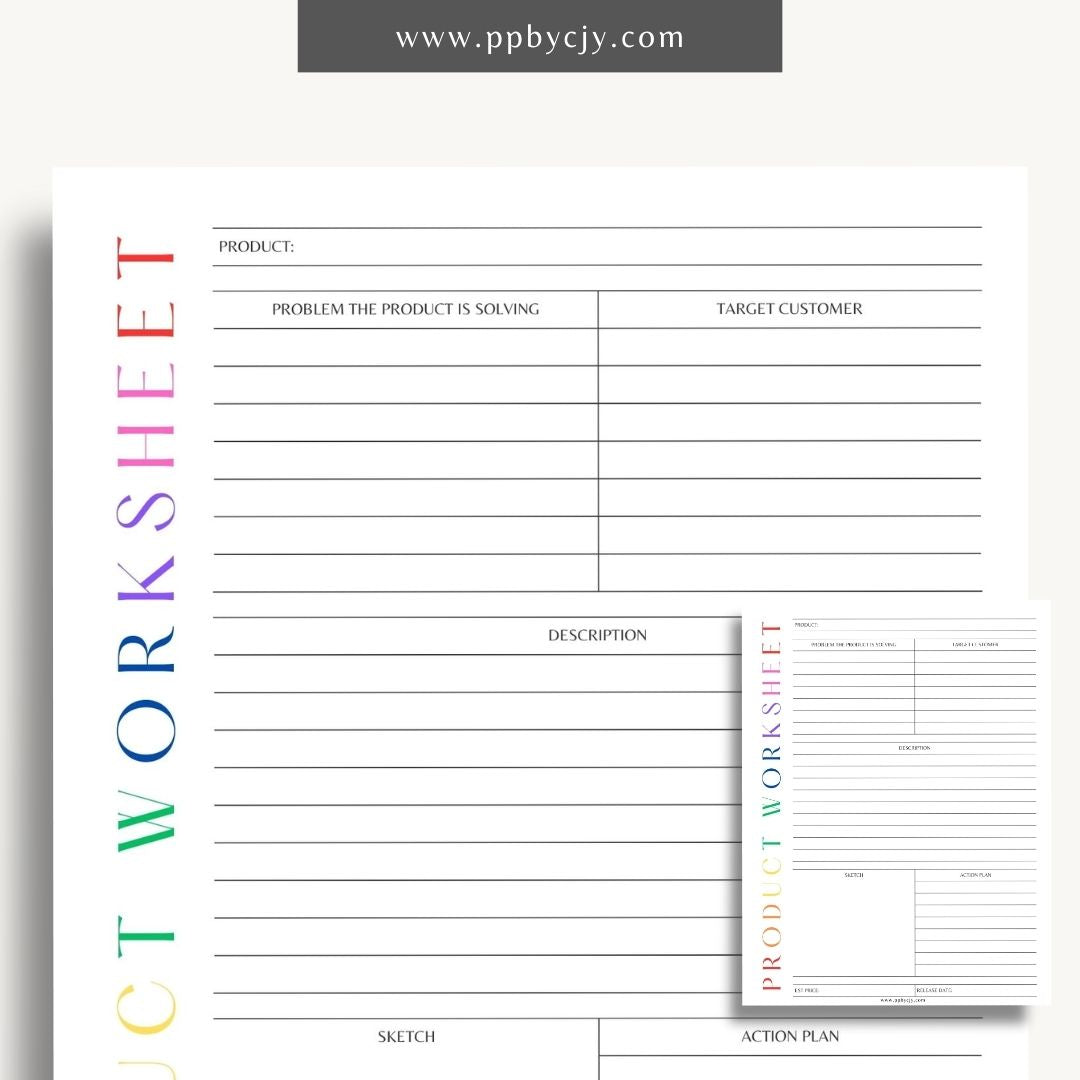 New Product Worksheet Printable Template – Digital download for planning and organizing details related to a new product launch, including concept, target market, and development stages.