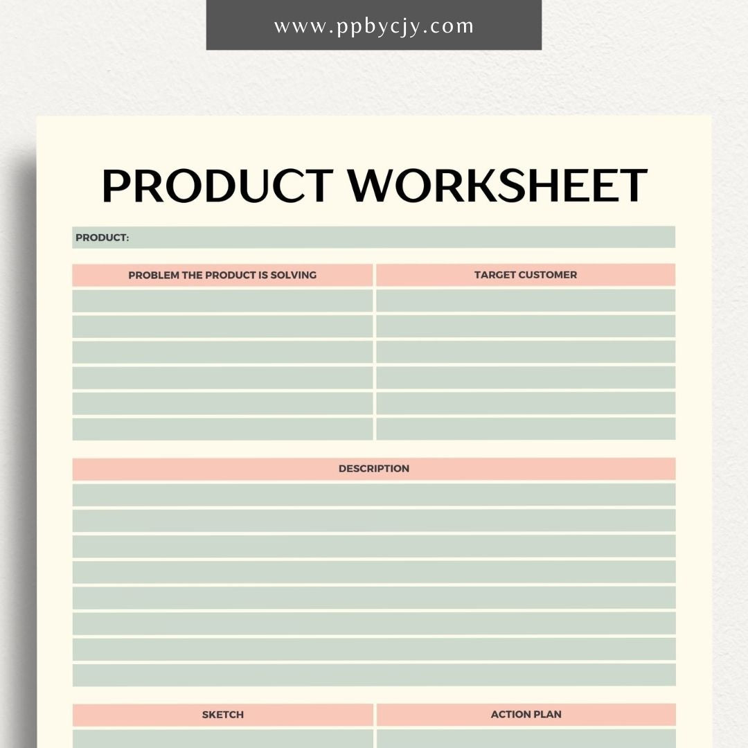 New Product Worksheet Printable Template – Digital download for planning and organizing details related to a new product launch, including concept, target market, and development stages.