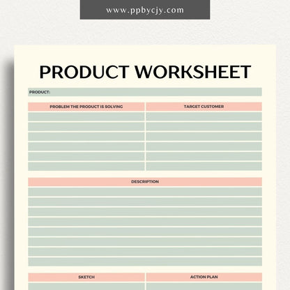 New Product Worksheet Printable Template – Digital download for planning and organizing details related to a new product launch, including concept, target market, and development stages.