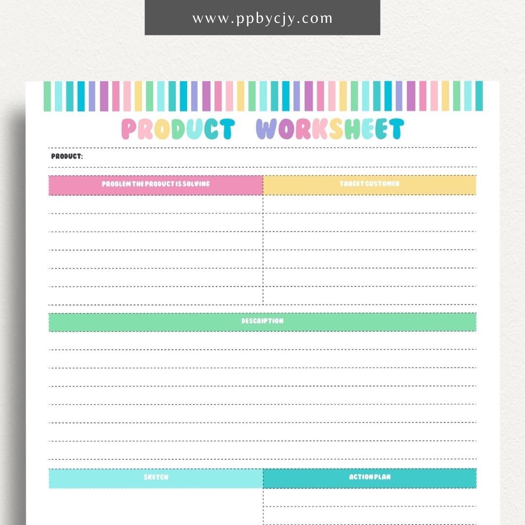 New Product Worksheet Printable Template – Digital download for planning and organizing details related to a new product launch, including concept, target market, and development stages.