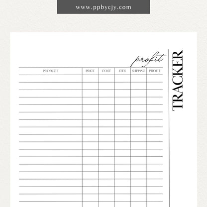 Profit Tracker Printable Template – Digital download for monitoring and recording income, expenses, and overall profitability