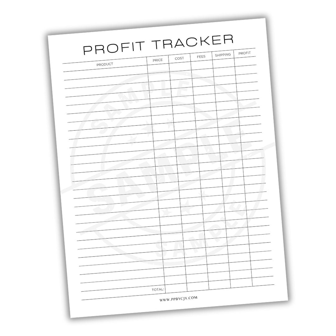 Profit tracker sheet with columns for product, price, cost, profit, and total on a white background.