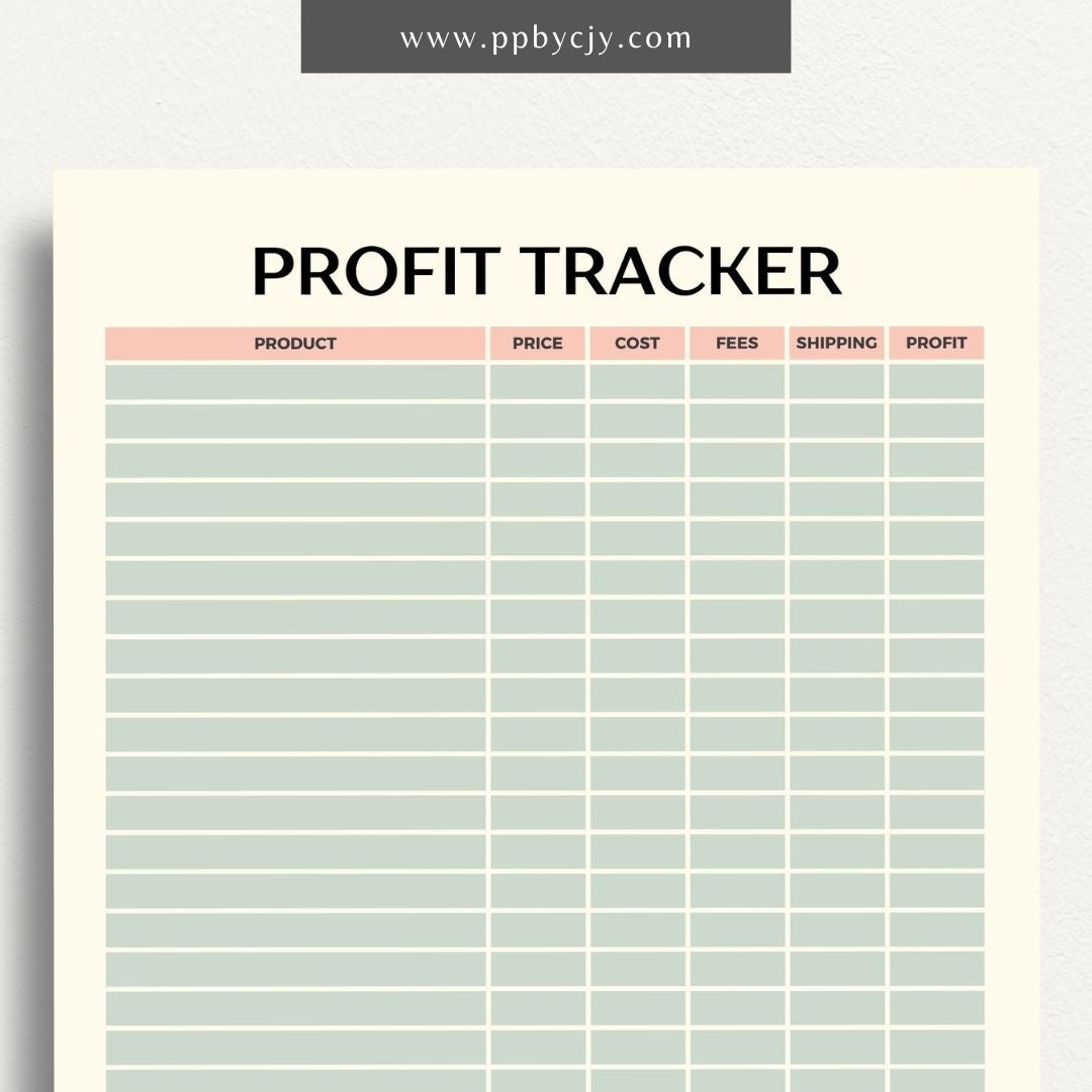 Profit Tracker Printable Template – Digital download for monitoring and recording income, expenses, and overall profitability