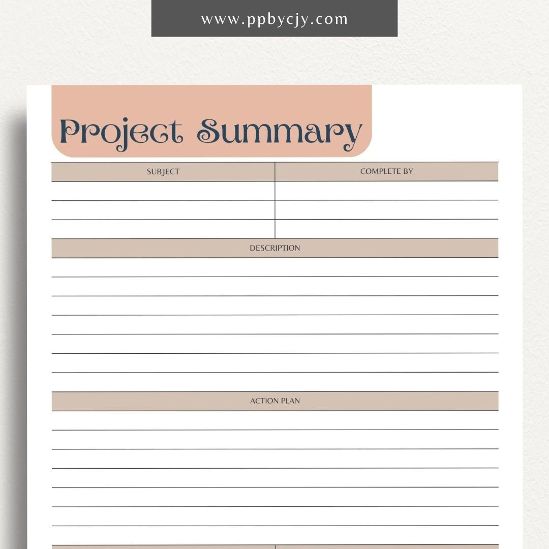 Project Summary Printable Template – Digital download for outlining key details, objectives, and outcomes of a project