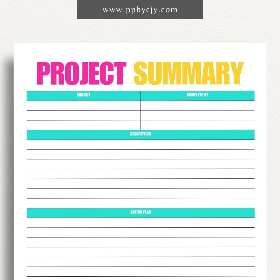 Project Summary Printable Template – Digital download for outlining key details, objectives, and outcomes of a project