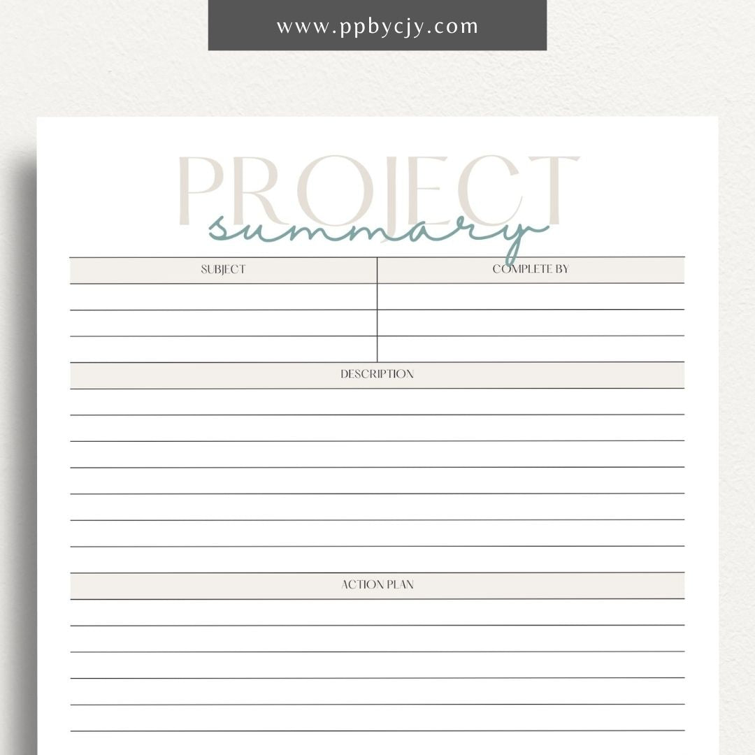 Project Summary Printable Template – Digital download for outlining key details, objectives, and outcomes of a project