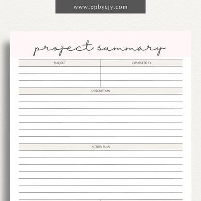 Project Summary Printable Template – Digital download for outlining key details, objectives, and outcomes of a project