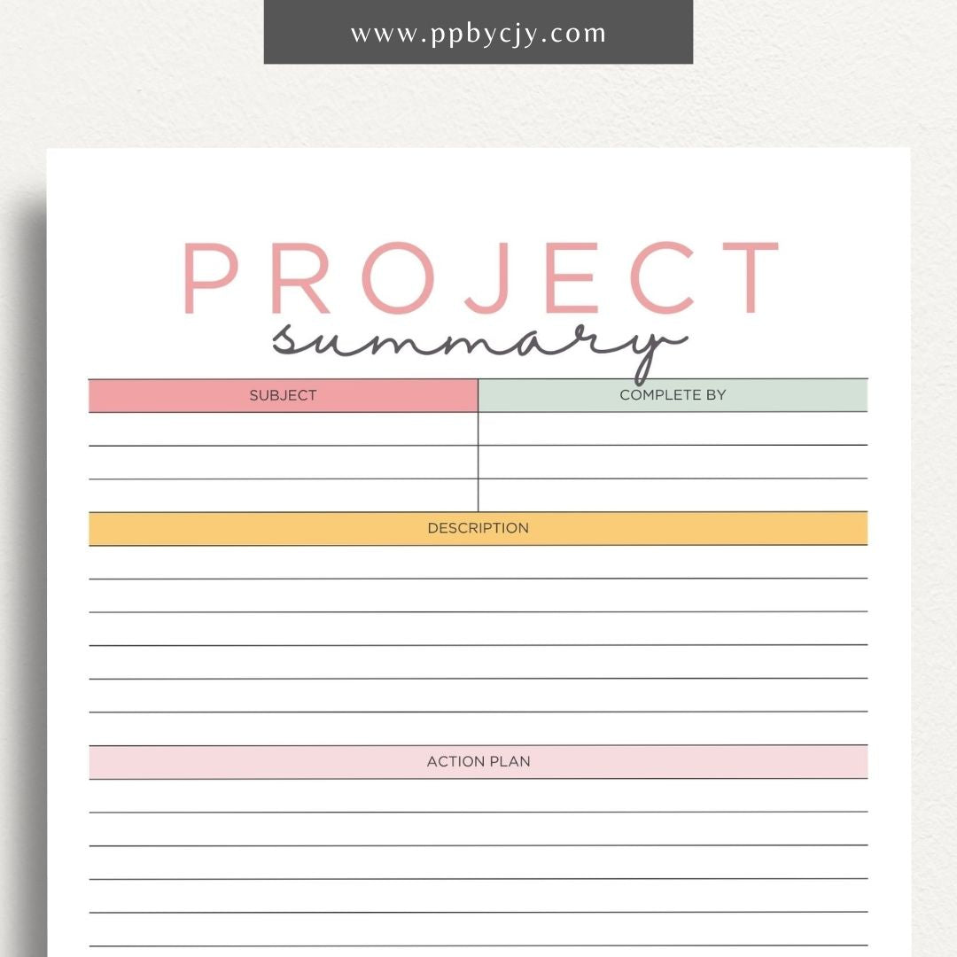 Project Summary Printable Template – Digital download for outlining key details, objectives, and outcomes of a project