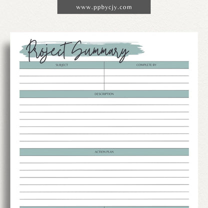 Project Summary Printable Template – Digital download for outlining key details, objectives, and outcomes of a project