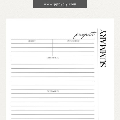 Project Summary Printable Template – Digital download for outlining key details, objectives, and outcomes of a project