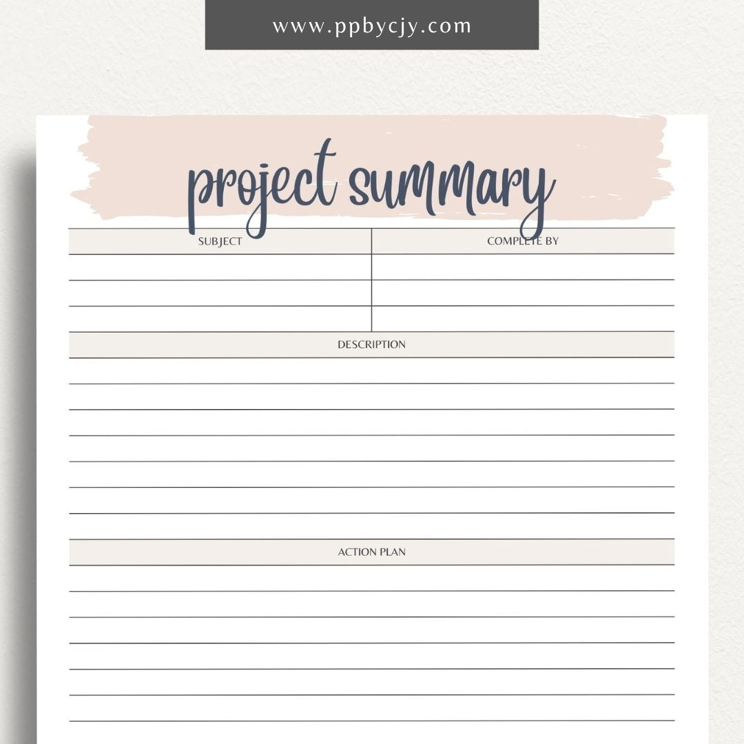 Project Summary Printable Template – Digital download for outlining key details, objectives, and outcomes of a project