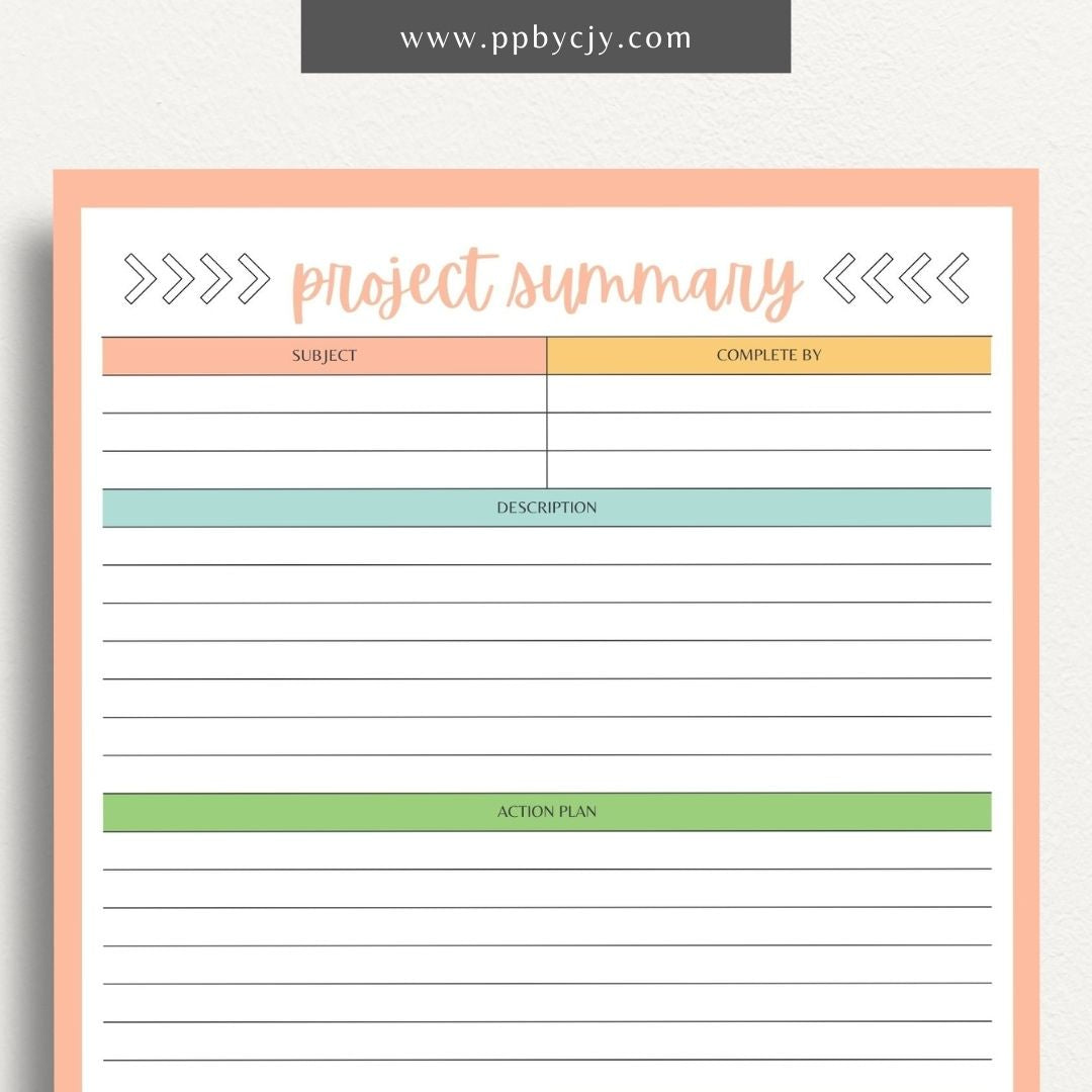 Project Summary Printable Template – Digital download for outlining key details, objectives, and outcomes of a project