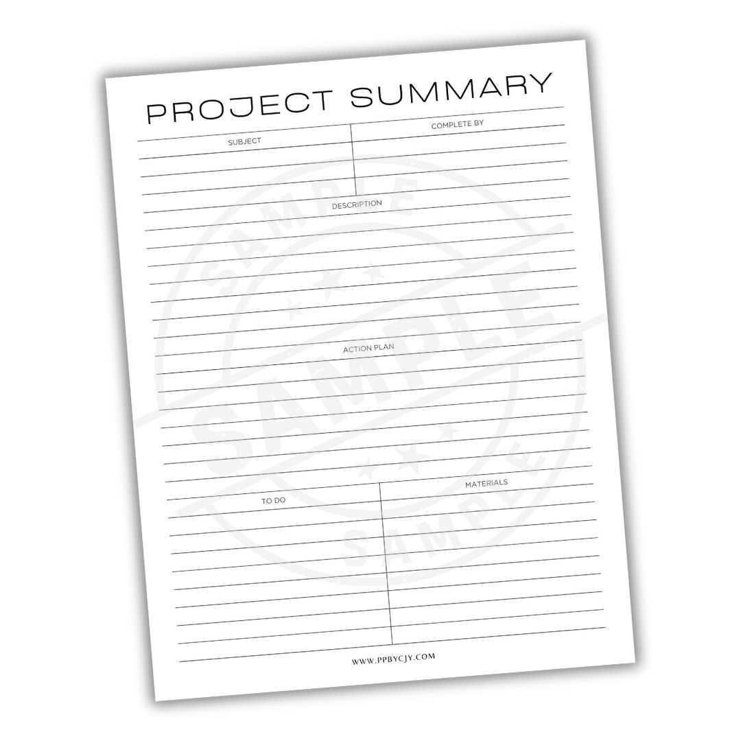 Project summary form with columns for subject, complete by, description, action plan, to do, and materials on a white background.