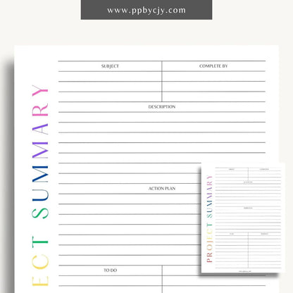 Project Summary Printable Template – Digital download for outlining key details, objectives, and outcomes of a project